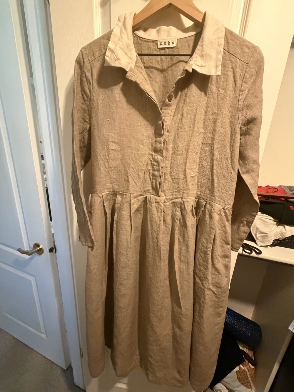 Muku Linen & Wool mix Midi Dress with Contrast Collar US 10-12 Lithuania Label